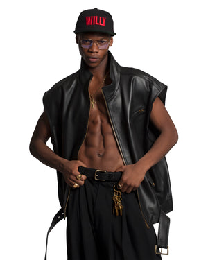 BELTED LEATHER VEST - BLACK